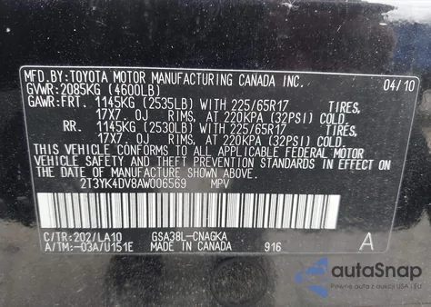 2010 Toyota Rav4 Limited V6 z USA, uszkodzony, nr VIN 2T3YK4DV8AW006569